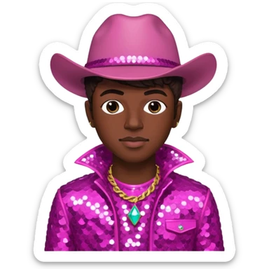 Lil Nas X with dark brown hair, dark pink sequin outfit sticker