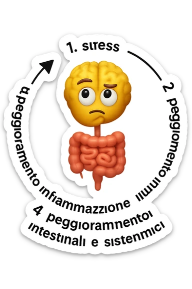 EMOJI STILE IPHONE 3D DI un cerchio con queste scritte che girano intorno in ordine per come li ho scritti "1. stress → 2. peggioramento intestinale → 3. aumento infiammazione → 4. peggioramento sintomi intestinali e sistemici." al centro del cerchio metti un cervello e intestino umani collegati verticalmente con espressione dubbiosa in volto, FALLO MOLTO REALISTICO IN 3D sticker