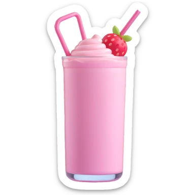3D style strawberry milkshake with pink hue and cherry on top, double straws, heart-shaped glass sticker