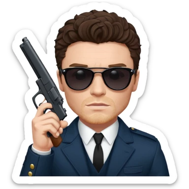 Richard Madden as his character in the Bodyguard TV series, with sunglasses on and a gun in his hand. sticker