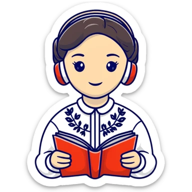 Young Ukrainian librarian wearing a traditional white embroidered vyshyvanka shirt with books sticker