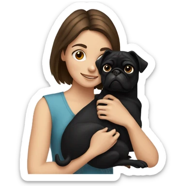 A girl with brown hair hugging a black pug dog sticker