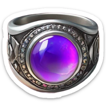 A highly detailed, close-up digital sticker of a 90s Y2K-style mood ring, featuring a chunky silver band with intricate engravings. sticker