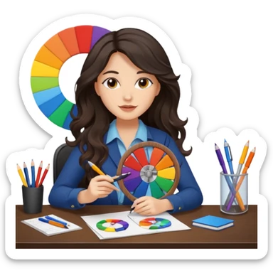 female dark wavy long hair graphic designer , holding color wheel , pens, papers, desktop sticker
