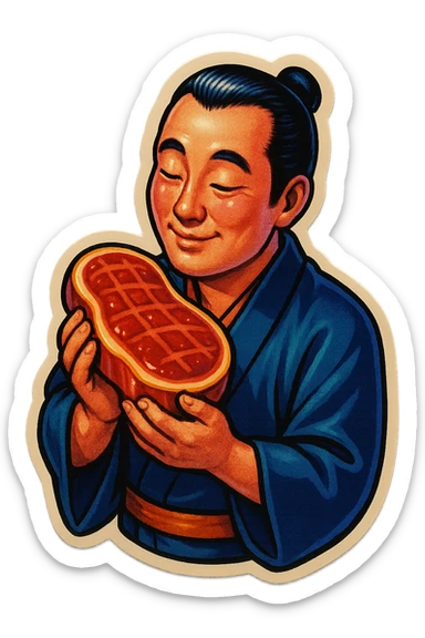 A Japanese man in traditional kimono with a loving look holds a steak in his hands, preparing to eat it sticker