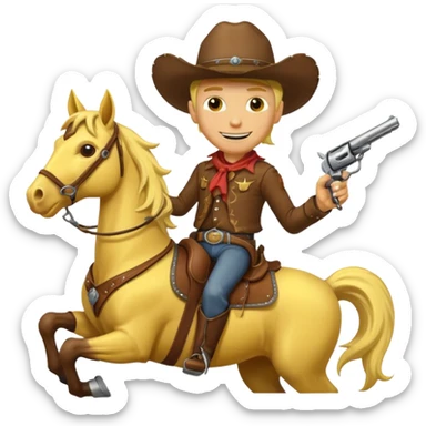 Cowboy riding a horse with revolver. Cowboy With yellow skin and smilling. Simplize it and I need a full pic with horse. Like I need the leg part too sticker