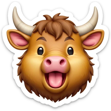 Cinematic Cute Yawning Domestic Ox Portrait Emoji, Head tilted slightly with a dramatic, wide-open yawn, showcasing a soft, textured hide with drooping horns and half-closed, drowsy eyes, Simplified yet irresistibly adorable features, highly detailed, glowing with a soft, cozy natural glow, high shine, relaxed yet expressive, stylized with a dash of pastoral whimsy, soft glowing outline, capturing the essence of a sleepy yet affectionate ox that seems ready to stretch out for a nap! sticker