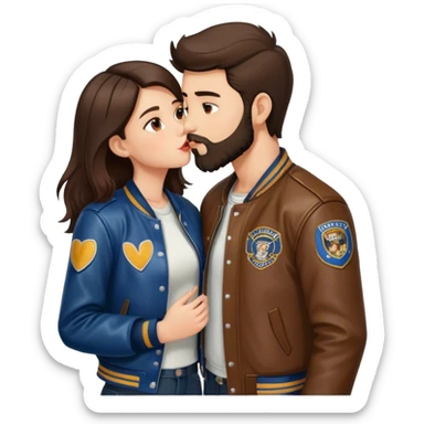 A brunette girl with a letterman jacket kissing a brunette boy with a beard and leather jacket  sticker