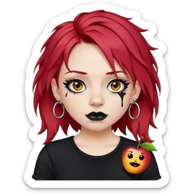 apple style emoji of a fair-skinned girl with messy cherry red hair, wearing a black t-shirt, black eyeliner, black lipstick, septum piercing, and multiple ear piercings sticker