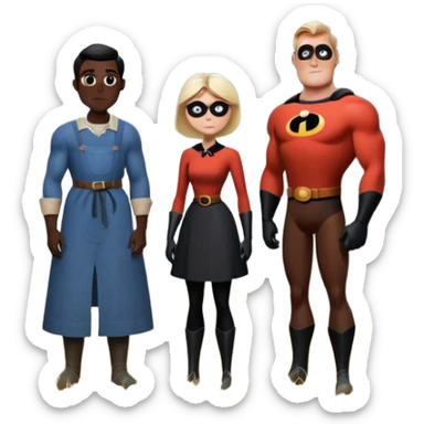 Mr incredible as a cursed farmer couple staring into your soul with their giant white dots for eyes and the male farmer is standing next to a tree and they are both grayish black figures and the background is an extremely foggy field in a rural place sticker