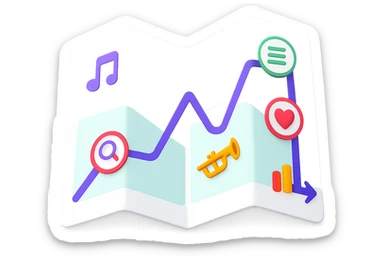 Create a fresh, modern paper map emoji in the style of Apple emojis, unfolded to show the attached digital roadmap drawing inside with a purple path and icons. The map symbolizes a musician's journey, colorful and clean with a transparent background. No city map elements, no antique or parchment style, and no text. sticker