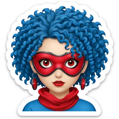 blue curly haired girl with huge earrings, wearing red paintball eye mask , only face  sticker