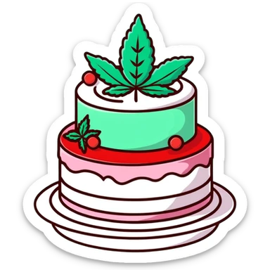Festive confetti cake with mint leaves and a cannabis leaf as decoration sticker