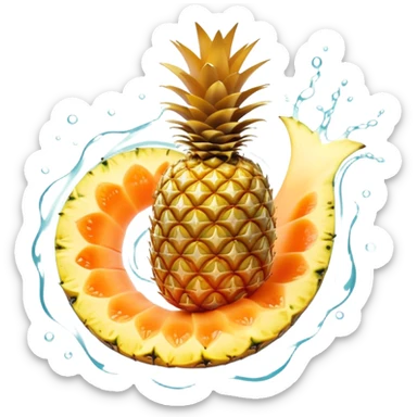 Golden pineapple slices, translucent papaya, and ginger roots floating around a spiraling ethereal stomach. Flowing streams of light moving through the digestive system, dissolving blockages and creating a sense of lightness and clarity. sticker