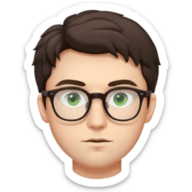 Young man with slightly curled dark brown poofy hair, green eyes wearing glasses, wide face with eyes set apart, bigger ears, pale skin, slightly bigger nose, fuller darker lips, and very light stubble sticker