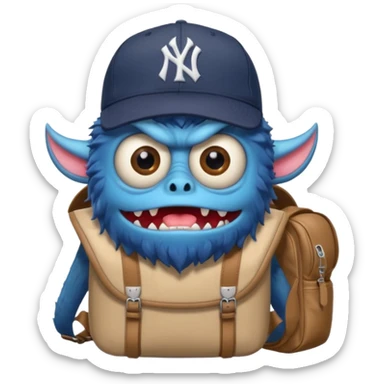 One eye hairy monsters with a backpack and a Yankees baseball cap sticker