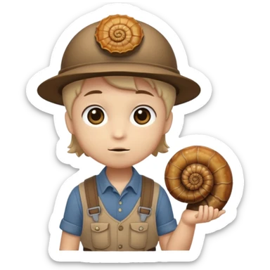Shelly has a small, chibi-style body with a large ammonite-shaped head that looks like a beige fossil shell. One side of her head has a dark opening, making it clear she isn’t human. Her face is simple and soft, with big round eyes. She wears a brown suspender outfit over a lighter shirt sticker