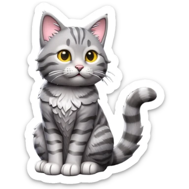 cinematic-[grey tabby cat]-realistic-full-body-sitting-emoji,-tail-curled-playfully-around-its-paws,-head-tilted-dramatically,-scruffy-[grey]-fur,-simplified-yet-realistic-focused-features,-highly-detailed,-glowing-with-an-almost-sarcastic-glow sticker