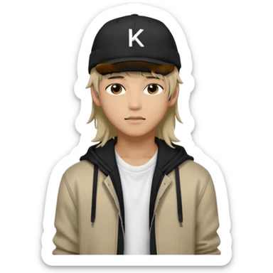 Portrait of a male K-pop idol, wearing a stylish streetwear outfit with layered clothing, long hair with bangs, makeup, wearing a black cap sticker