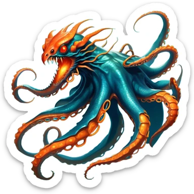 Create a fearsome aquatic titan that combines the orange dragon-octopus hybrid's flexible tentacles and predatory nature with the teal-blue metallic dragon's armored body and fiery breath, resulting in a multi-limbed leviathan with a segmented exoskeleton of shimmering teal-blue plates covering its upper body and tentacles, glowing orange-red eyes, a dragon-like head that spews molten energy, and the ability to seamlessly transition between deep-sea ambush predator and surface-world destroyer capable of both constricting prey with its armored tentacles and unleashing devastating elemental attacks.. full body, only the creature sticker
