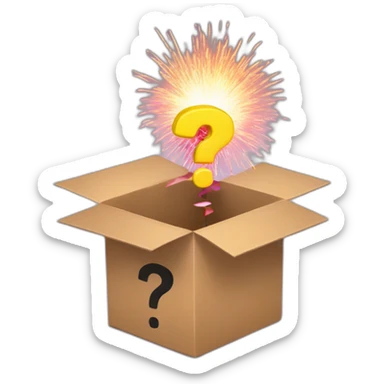 an open box with a firework coming out and a question mark in the middle sticker