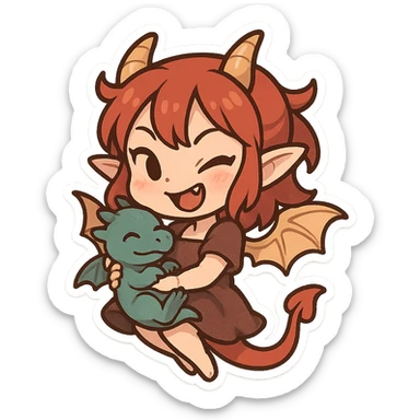 chibi stickers style dragon girl with small wings, holding a baby dragon, playful and mischievous sticker