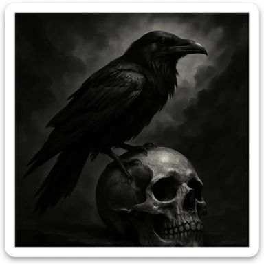 gothic black raven perched on a skull, dramatic sticker