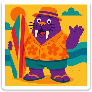 Add a colorful surfboard to the purple walrus wearing summer clothes, keep the vibrant and playful style. sticker