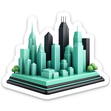 Urbanisme & Aménagement (Urban Planning), 3D techy icon with black and mint green (#B5F4D3) color scheme, city skyline with blueprint sticker