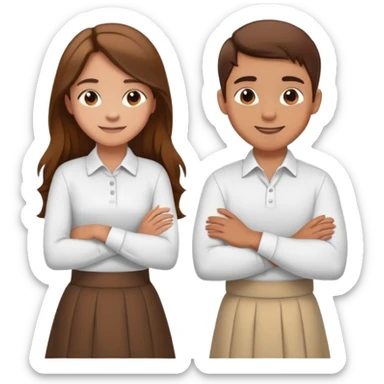 A boy in a white shirt and a girl with long hair in a skirt crossed their arms over their chests - with happy faces sticker