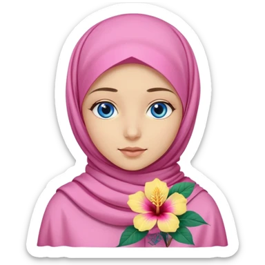 Turkish beautiful finish Konya girl blue eyes with pink yellow summer hijab islamic dress and had on her side part hijab hibiscus flower sticker