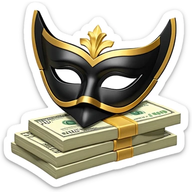 3D isometric icon, a sleek matt black Venetian mask with gold trim, resting on a single large stack of neatly bound US dollar bills, premium design, deep black background. sticker