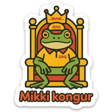 regal frog mascot in DHL Express uniform sitting on a throne with 'Mikki kongur' written in a fun rounded font, colorful outlined icon style sticker