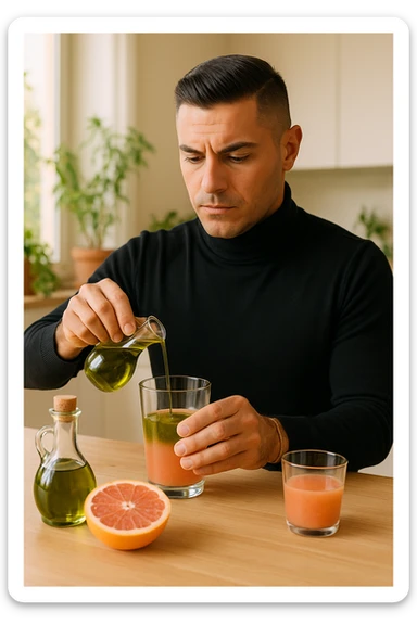 A realistic, warm-toned photo-style image of a man in his kitchen preparing a liver and gallbladder flush. On the counter, there is a small glass bottle of high-quality extra virgin olive oil with a rich green hue, and a freshly cut pink grapefruit with a small glass of its juice next to it. The man, in his mid-30s, looks focused and slightly apprehensive as he mixes the olive oil and grapefruit juice in a clear glass, preparing to drink it as part of a natural gallbladder cleanse. The background is clean, bright, and minimalist with wooden countertops, green plants, and sunlight coming through the window, giving a sense of natural health practices. The mood conveys a realistic moment of alternative health care, illustrating the preparation and intention for a natural flush to address gallstones, while maintaining a calm, educational, and hopeful tone in italiano sticker
