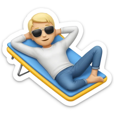 A full-body emoji man, with classic yellow skin tone, lying down or leaning back in a relaxed pose. He is wearing sunglasses and has both arms behind his head. The style should match standard emoji designs (like Apple sticker