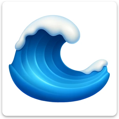 Create a wave emoji that looks exactly like the reference image in classic iOS emoji style. The emoji should be 3D with shiny, smooth gradients, soft shadows, and use blue and white colors to match the classic emoji look. Add a subtle highlight to the crest of the wave. sticker