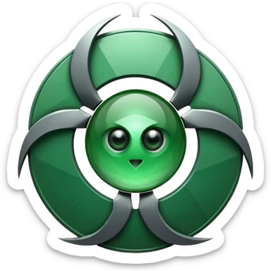 Minimalist emoji-style sticker of a fractured biohazard symbol with a small eye in the center. Stylized, geometric, no text.
 sticker