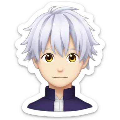 Satoru Gojo with his blue eyes,long medium white hair, a big friendly smile, dark violet uniform from jujutsu kaisen sticker