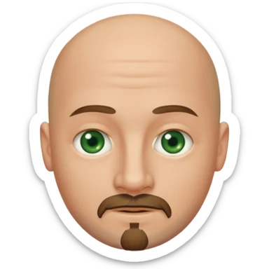 white caucasian bald man's face, with brown  round goatee and dark green eyes, oval face, rounded, big, little eyes a small smile,  sticker