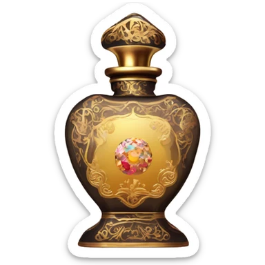 An antique perfume bottle in oriental style, oil perfumes inside, sequins and flowers flying around sticker