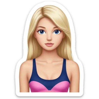 Victoria’s Secret model with long light blonde straight balayage hair, dark blue almond and small eyes, oval face, small lips, skinny long waist, firm legs, pink crop top sticker