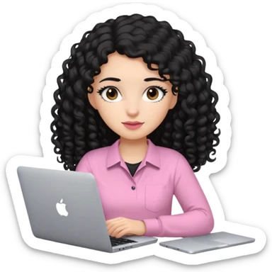 a girl typing mac book with long black curly hair and brown eyes with black eyeliner, pink shirt, social media manager sticker