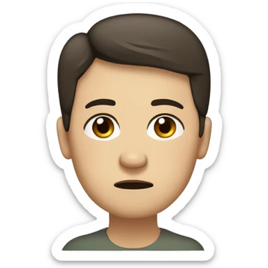 Emoji of a person with short dark brown hair, brown eyes, pale olive skin, and a stressed expression. Sweat on forehead, furrowed eyebrows, and pursed lips. Minimalist drawing style sticker