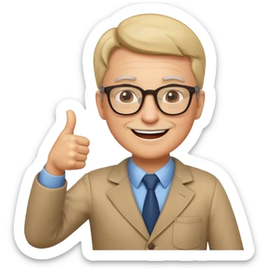 un PROFESOR que este parado con sus lentes guiñando el ojo y CON LAS MANOS HACIA ARRIBA DANDO LIKE sticker