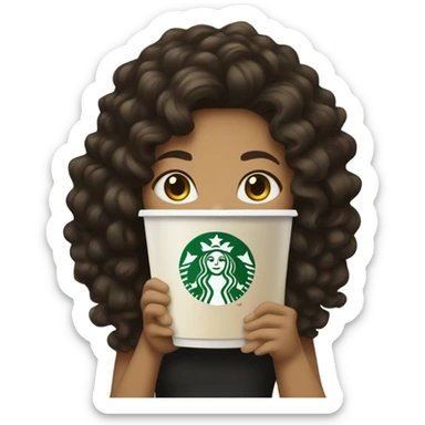 Girl with medium tan skin/  black brown curly long hair with Starbucks  sticker