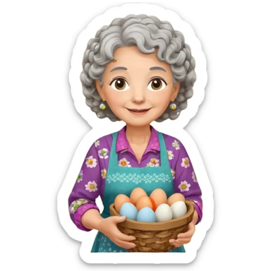 elderly rural woman, round face, gentle smile, curly gray hair, floral blouse, colorful apron, holding basket with eggs garlic herbs, pastel palette, big eyes, Chilean wooden kitchen background, clay pots, warm light, detailed clean vector art sticker