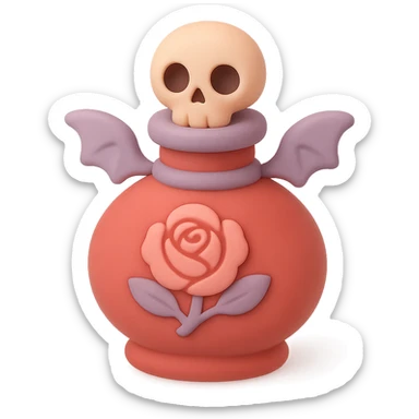 red goth potion bottle with a rose motif, soft and cute gothic look, mochi style sticker