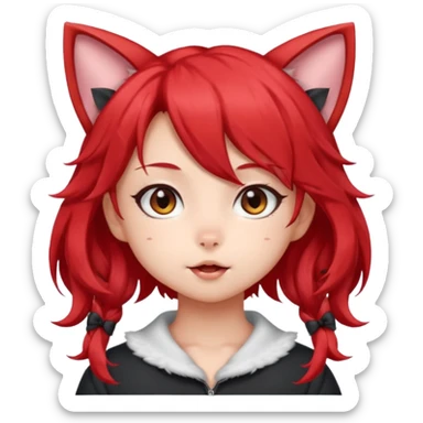 very cute anime cat-girl with small cat ears, red blowing hair sticker