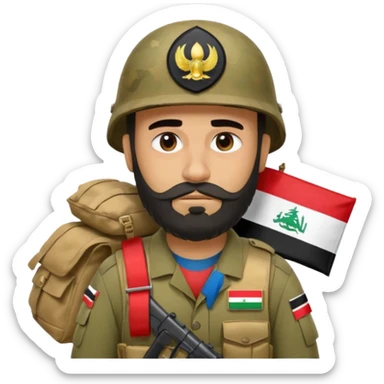 A very tired and sad, swarthy Iraqi soldier with a beard, an Iraqi flag on his helmet, a sad expression and bags under his eyes sticker