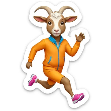 friendly anthropomorphised goat jogging upright in a colourful suit, relaxed pose sticker